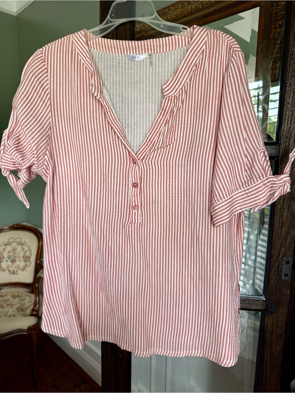Women’s Kaktus Pink and White Striped Split-Neck Tunic size L
